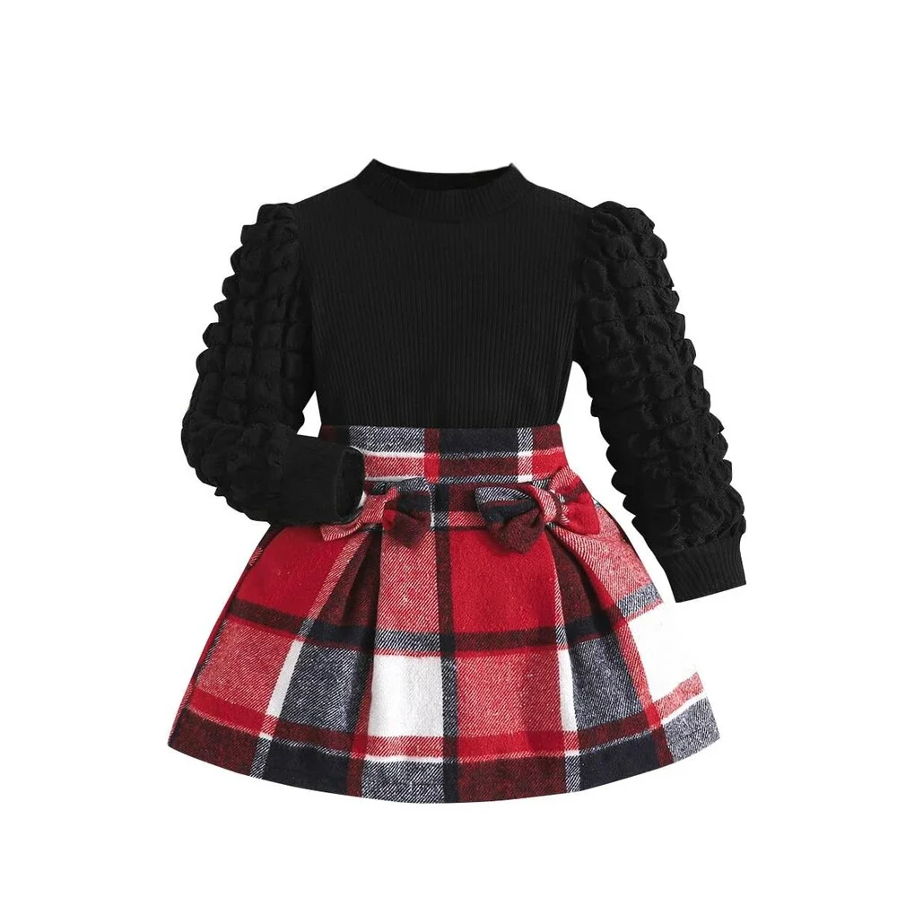 Noubeau Toddler Plaid Outfits Puff Sleeve Knit Ribbed Shirt Tops Skirt Set 8YRS